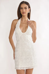 Averina Rosette Halterneck Mini Dress White