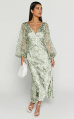 Freollyn Midi Dress - Deep V Neck Long Sleeve Dress in Sage