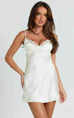 Mitchell Mini Dress - Lace V Neck Fit And Flare Slip Dress in Cream