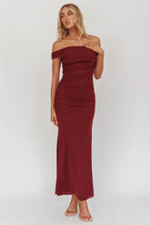 In Blooms Off Shoulder Mesh Midi Dress Wine