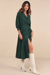 Timeless Class Rust Collared Button-Up Pleated Midi Dress