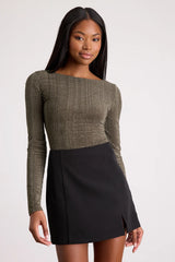 Gina Olive Green Shiny Velvet Long Sleeve Top