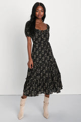 Adorable Ideal Burgundy Floral Print Tiered Ruffled Midi Dress