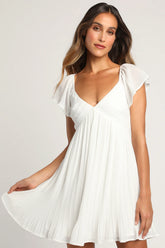 Amalfi Coast Emerald Pleated Flutter Sleeve Mini Dress