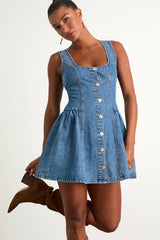 Prinsley Medium Wash Denim Button-Front Mini Dress