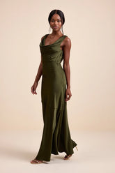 Aernah Wine Red Satin Cowl Tie-Back Slip Maxi Dress
