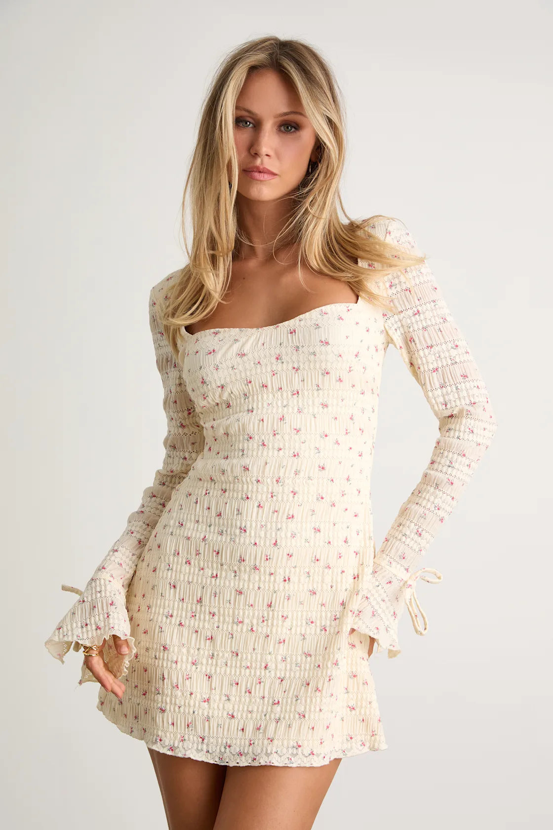 Ornella Black Floral Textured Long Sleeve Mini Dress
