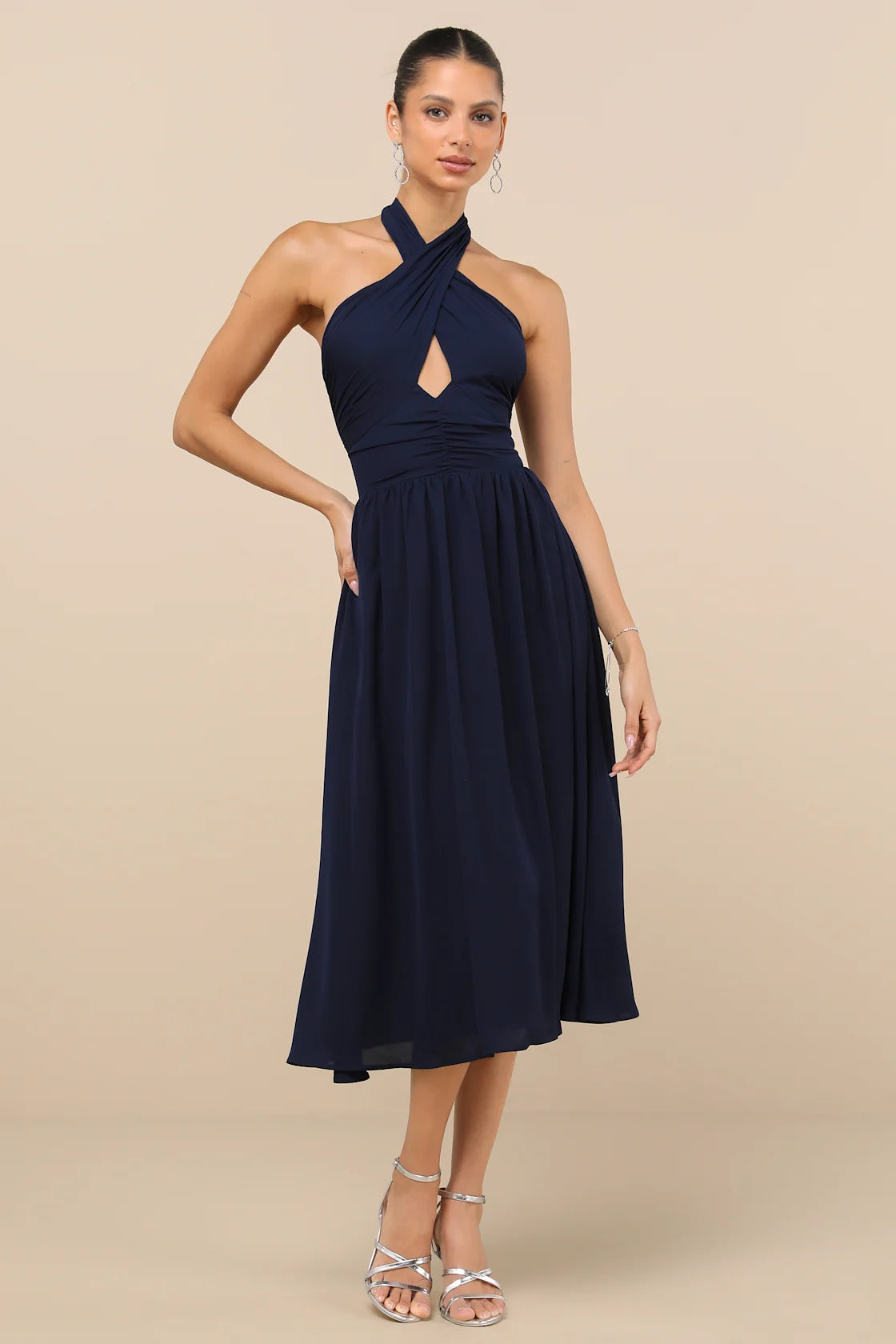 Emrah Red Cross-Front Cutout Halter Midi Dress