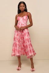 Alluring Invite Purple Multi Floral Pleated Bustier Midi Dress
