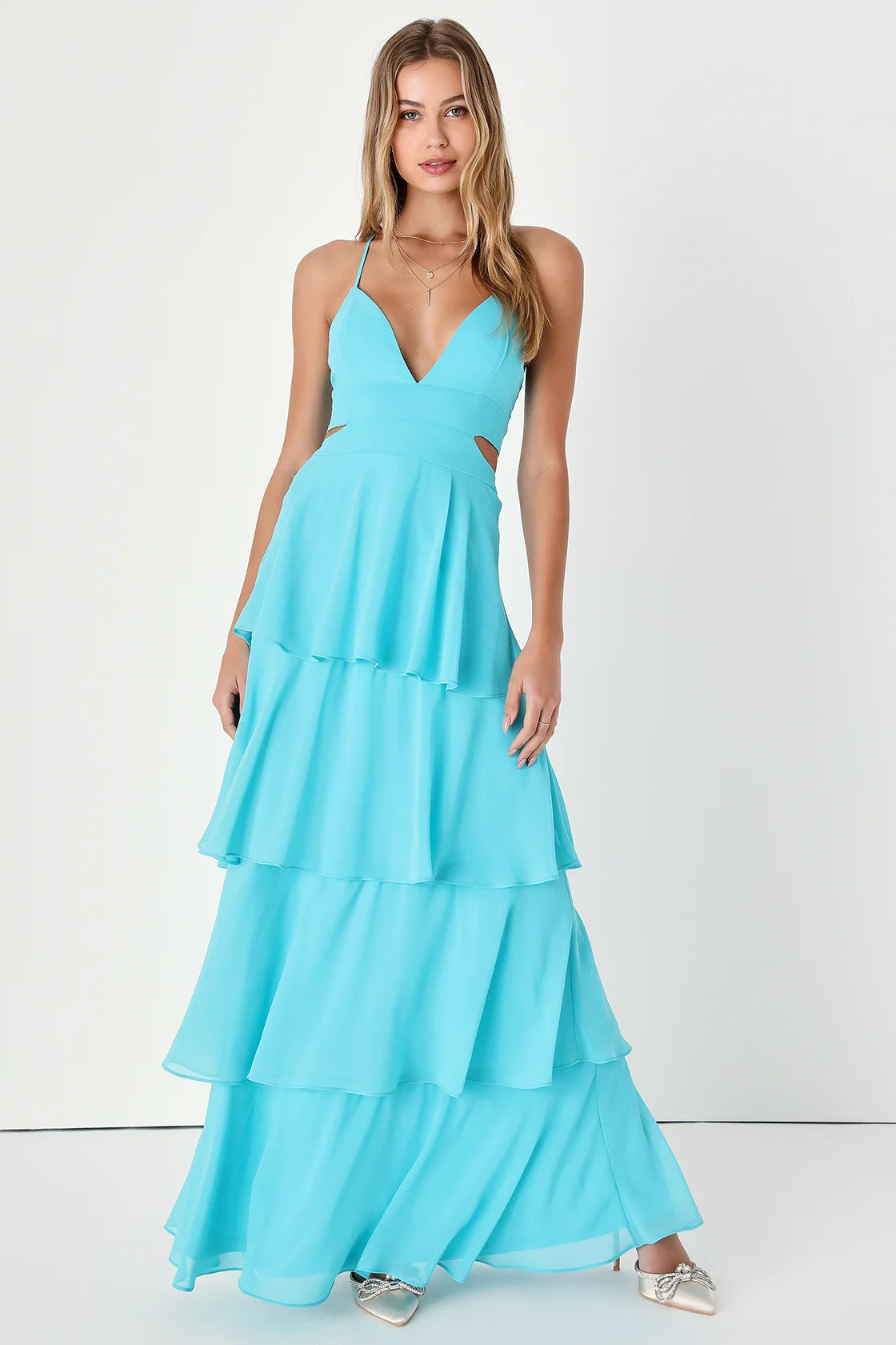 Tier and Now Yellow Tie-Back Tiered Maxi Dress