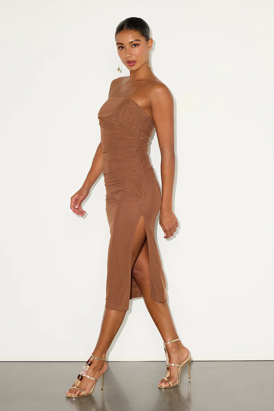 Jayleen Brown Mesh One-Shoulder Midi Dress