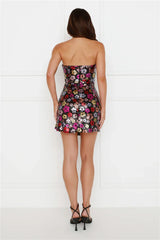 Floral Glitter Sequin Strapless Mini Dress Black