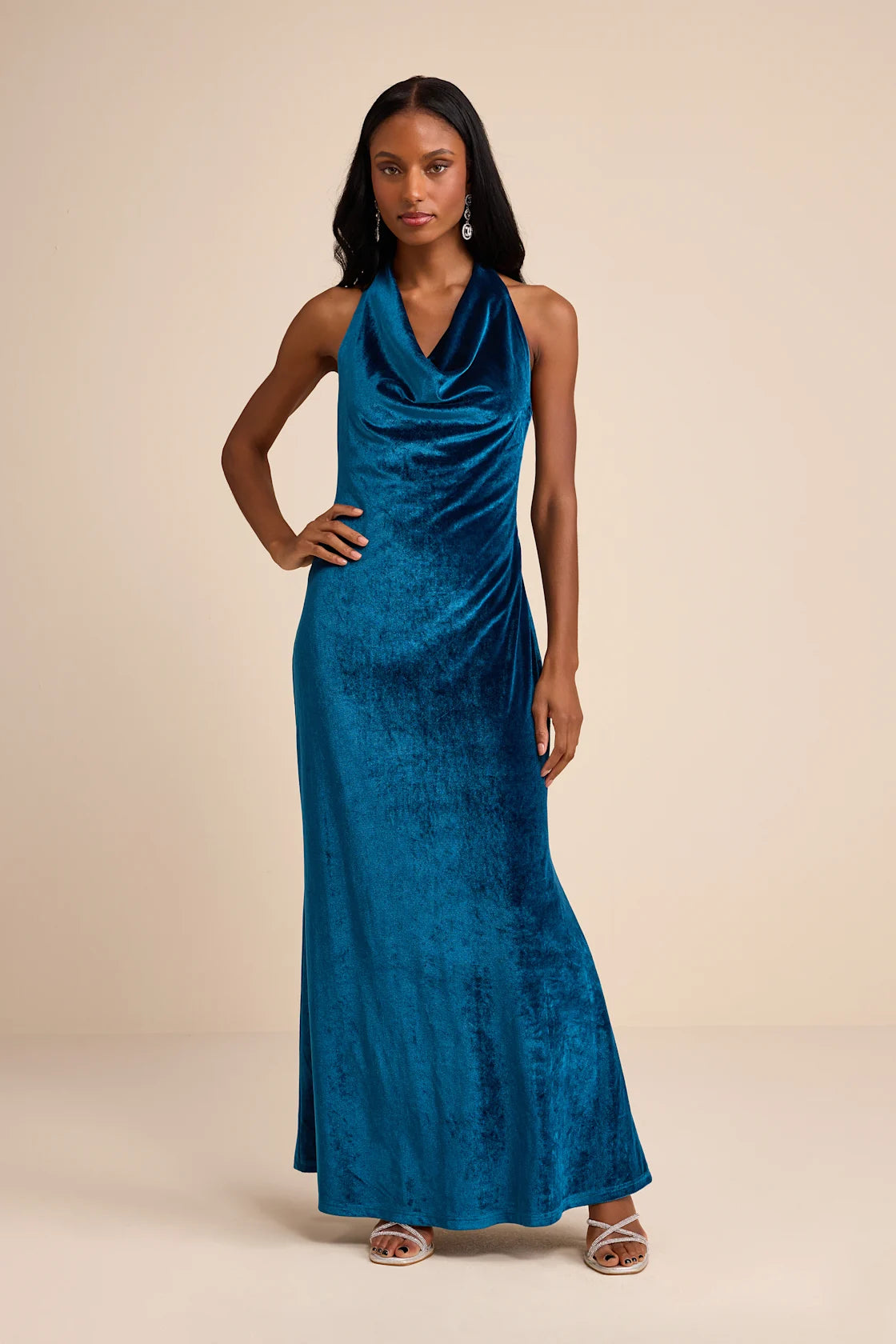 Elarina Blue Velvet Cowl Halter Mermaid Maxi Dress