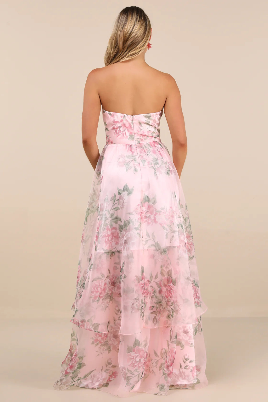 Truly Extraordinary Purple Floral Organza Strapless Maxi Dress