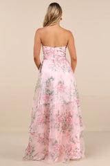 Truly Extraordinary Purple Floral Organza Strapless Maxi Dress