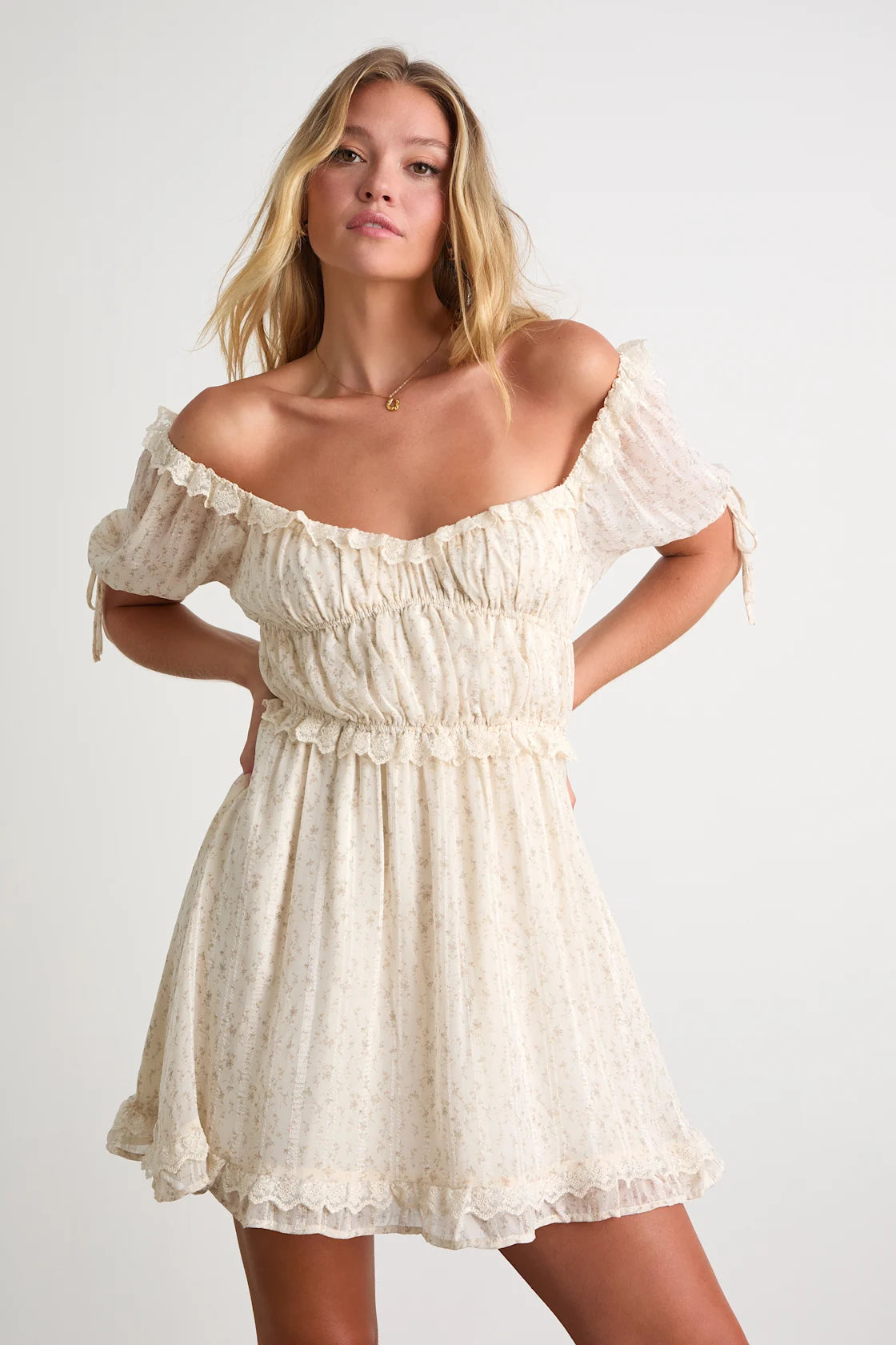 Adoring Moment Black Floral Lace Ruffled Puff Sleeve Mini Dress