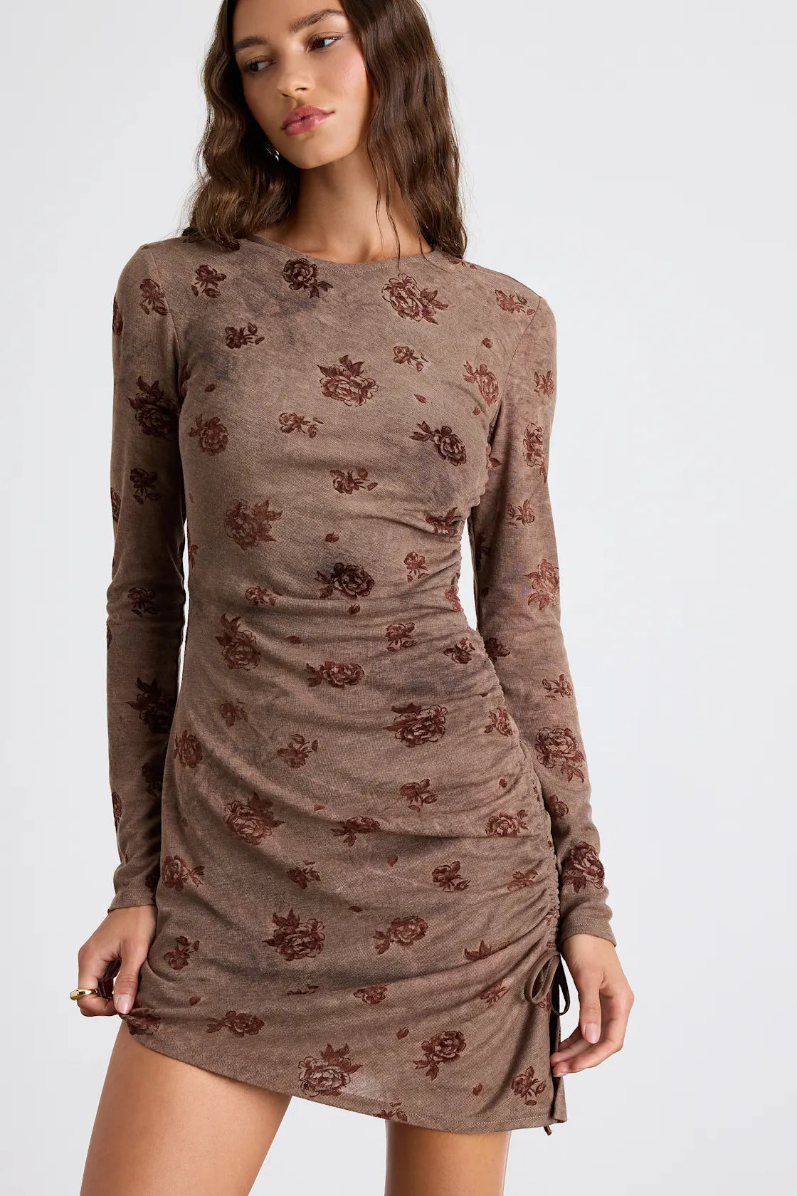 Laudie Mauve Pink Rose Print Ruched Mini Dress