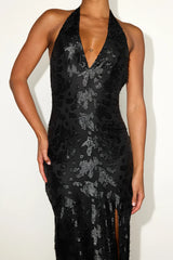 Rosaria Black Burnout Lurex Backless Halter Midi Dress