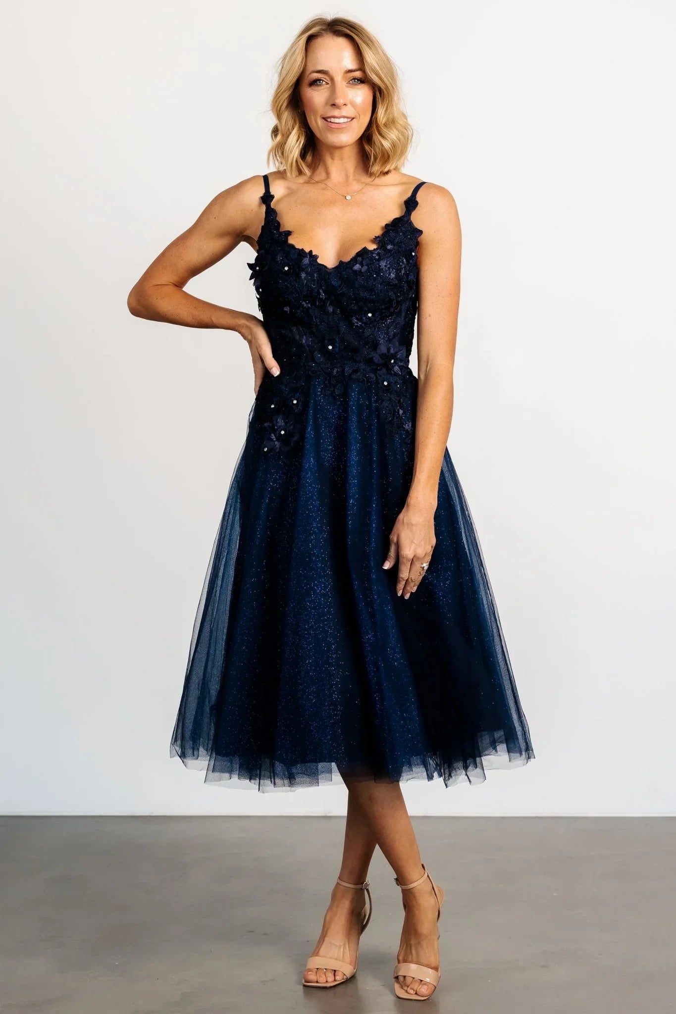 Noelle Shimmer Midi Dress | Midnight Blue