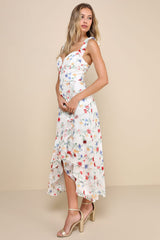 So Elevated Red Floral Jacquard Tie-Strap High-Low Midi Dress