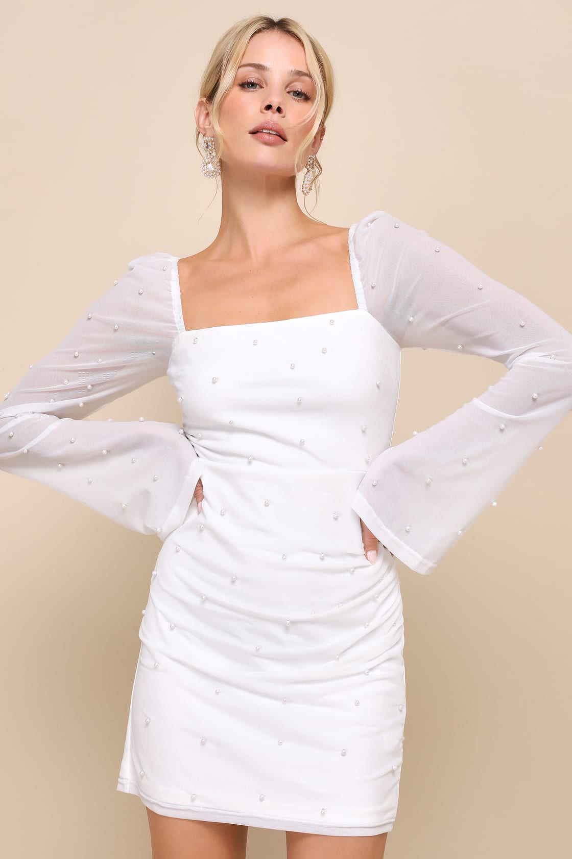 Flirty Luxury Light Blue Mesh Pearl Long Sleeve Mini Dress