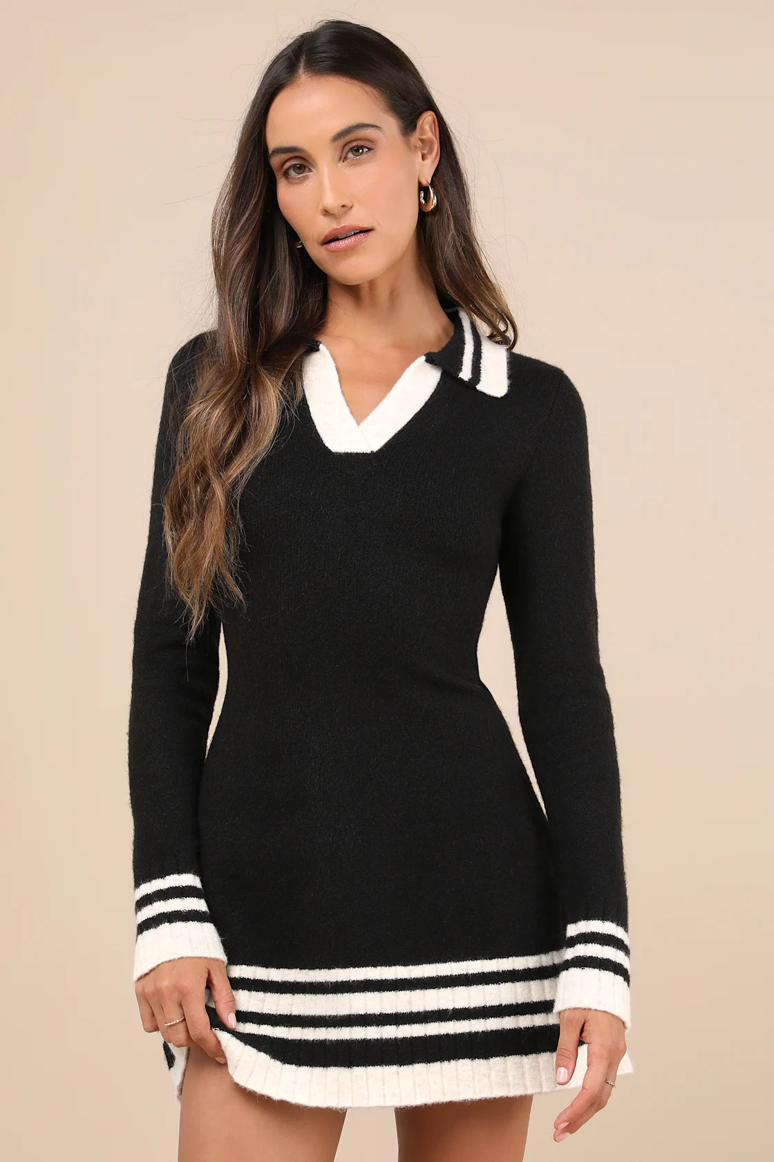 Soft Serenity Heather Ivory and Red Collared Sweater Mini Dress