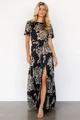 Agnes Satin Maxi Dress | Black + Cream Floral