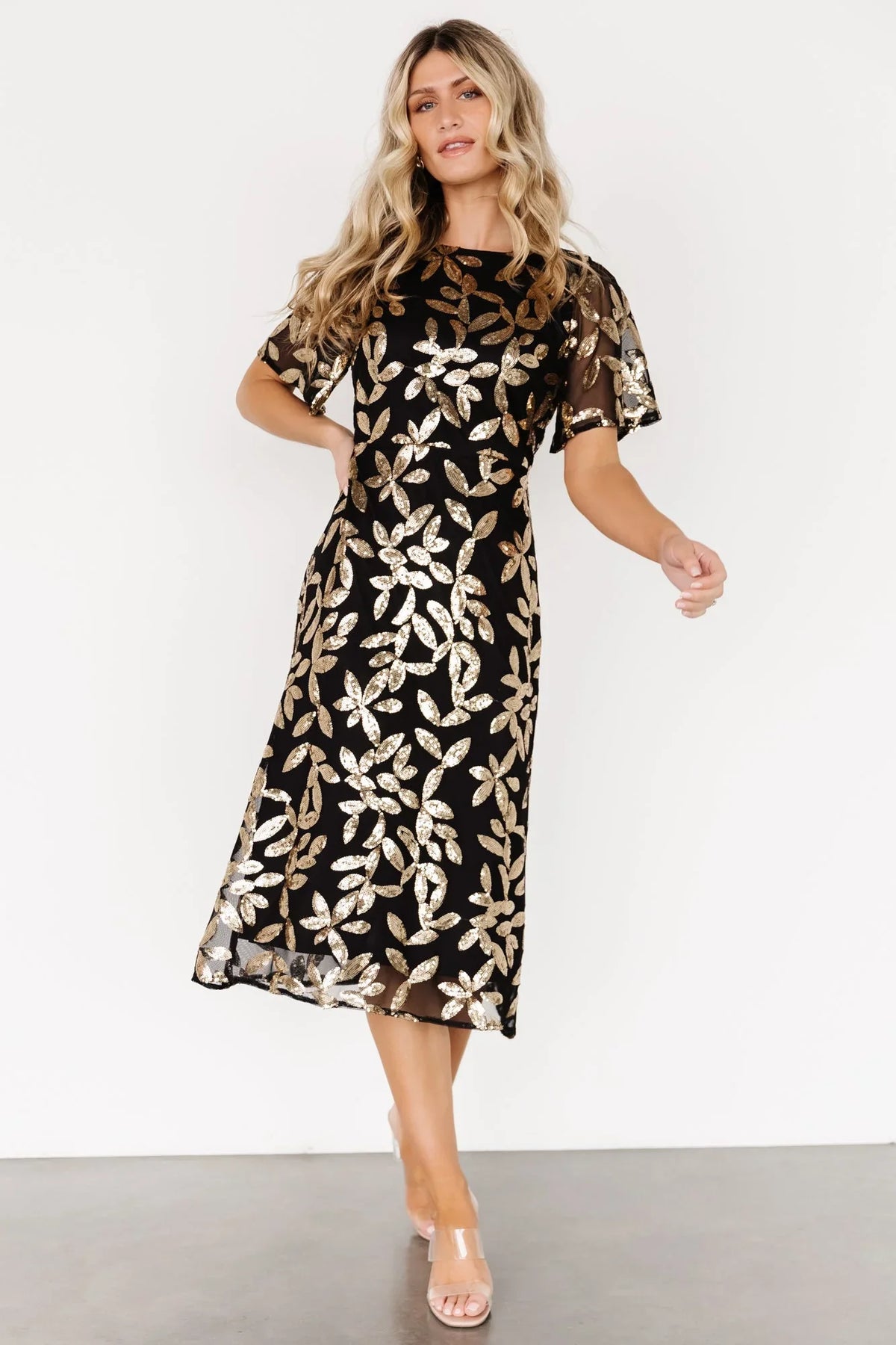 Deanna Sequin Midi Dress | Black + Gold