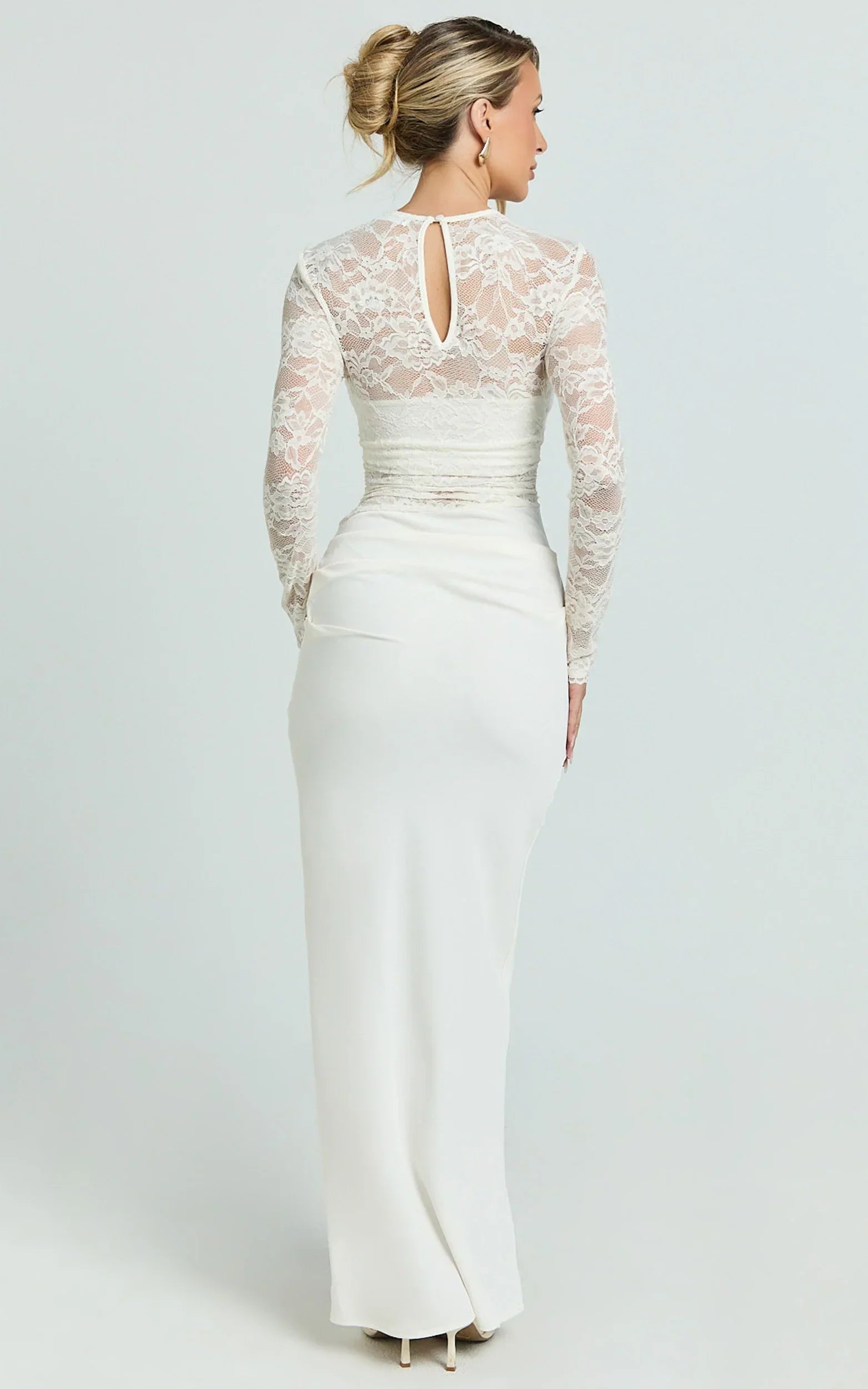 Crisanta Maxi Dress - Long Sleeve Contrast Lace Bodycon Dress in Ivory