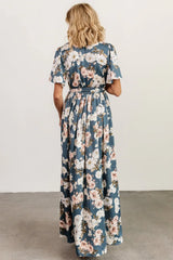 Sicily Satin Maxi Dress | Blue Floral