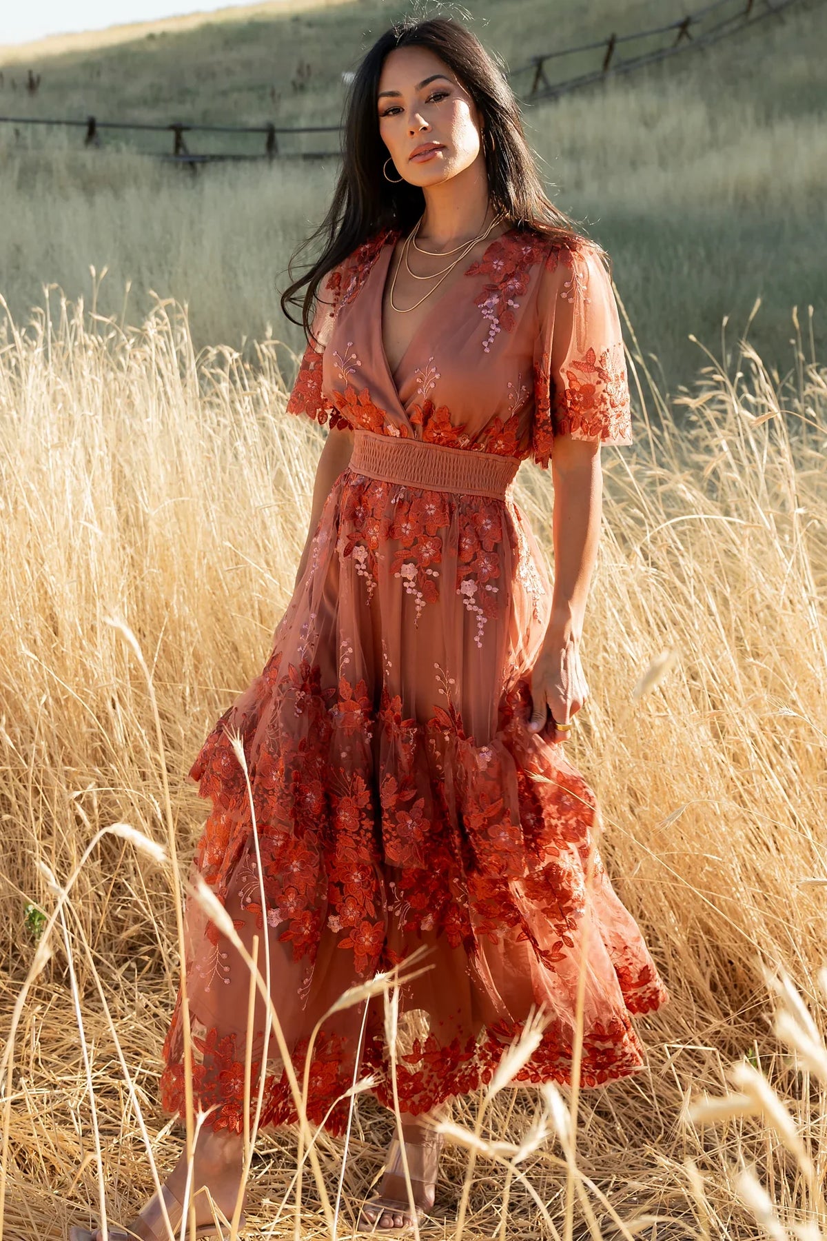 Lotte Embroidered Midi Dress | Rust