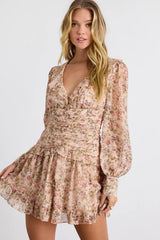 Ismini Beige Multi Patchwork Long Sleeve Mini Dress