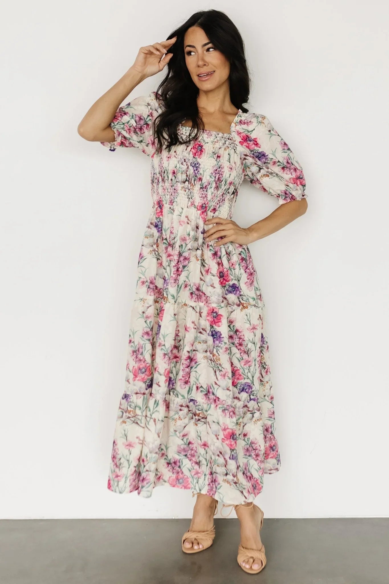 Tulsa Smocked Dress | Cream + Pink