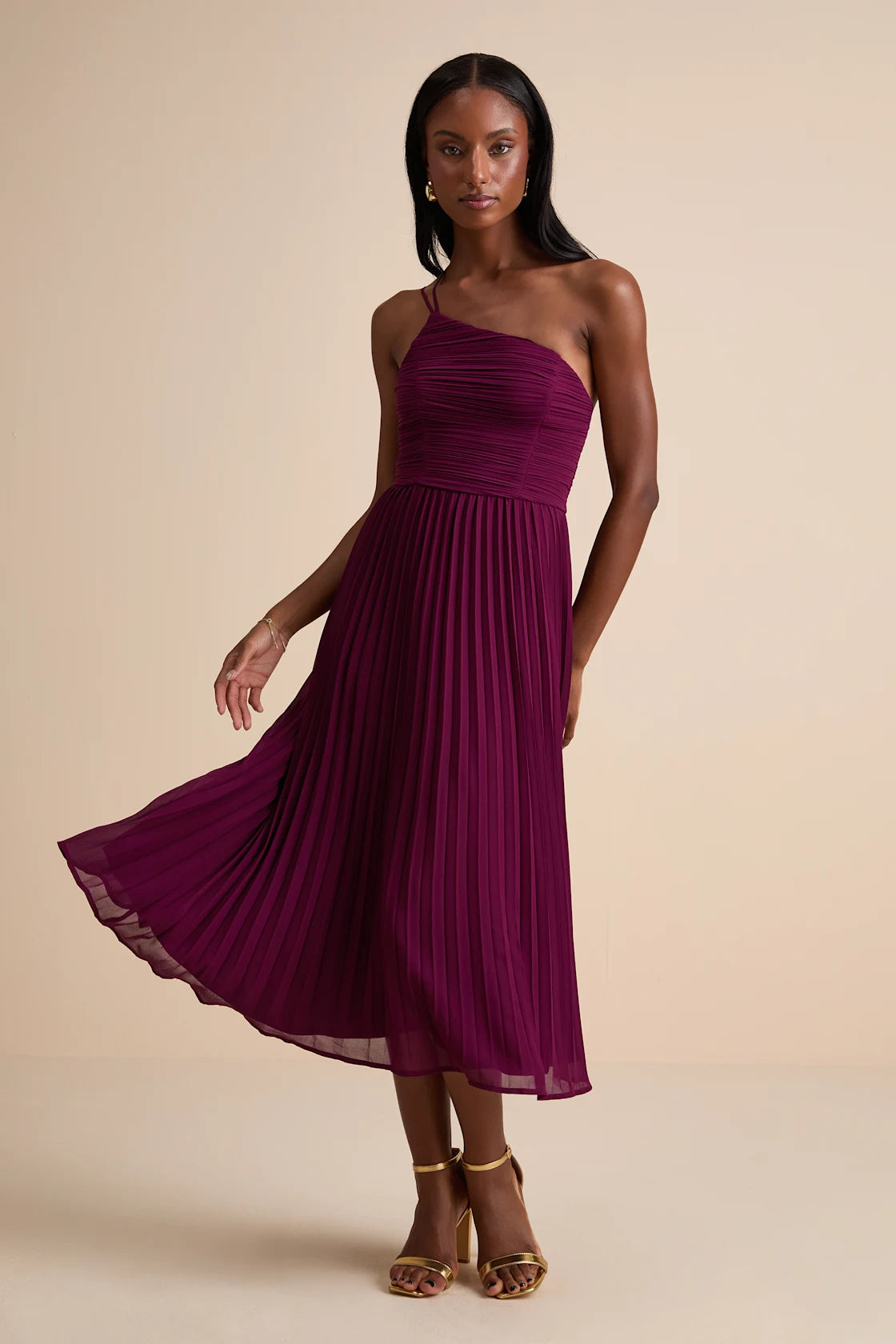 Wondrous Muse Navy Blue Pleated One-Shoulder Midi Dress