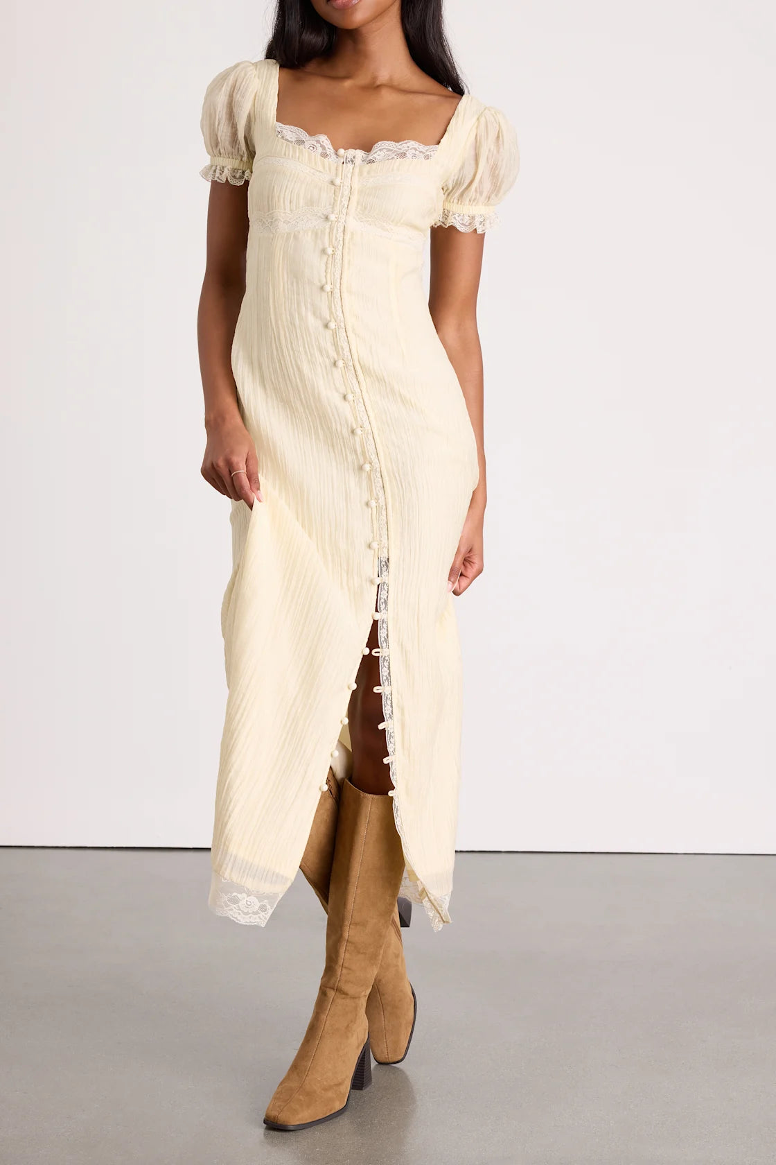 Crissa Cream Lace Textured Puff Sleeve Midi Dress