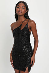 Alluring Shine Purple Sequin One-Shoulder Mini Dress