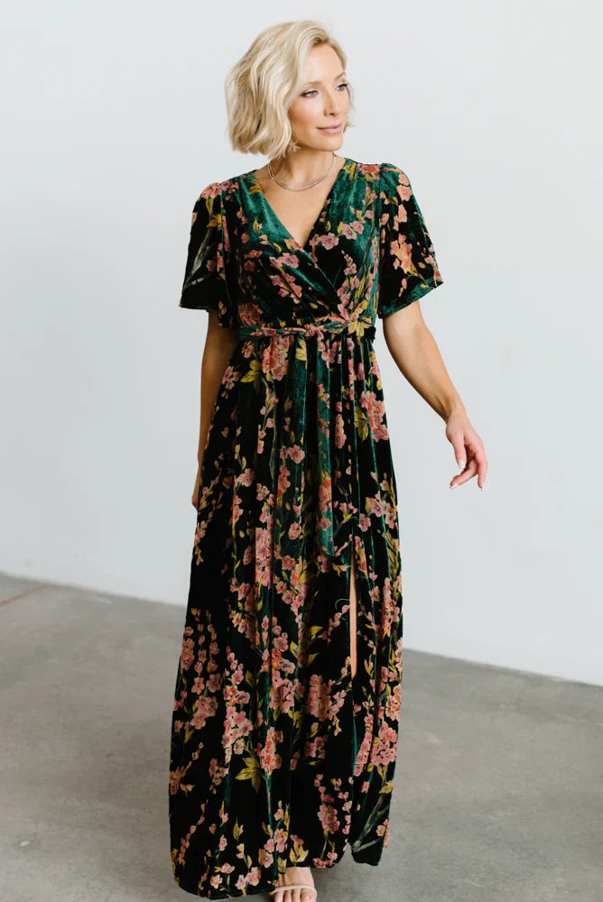 Uma Velvet Maxi Dress | Green Floral