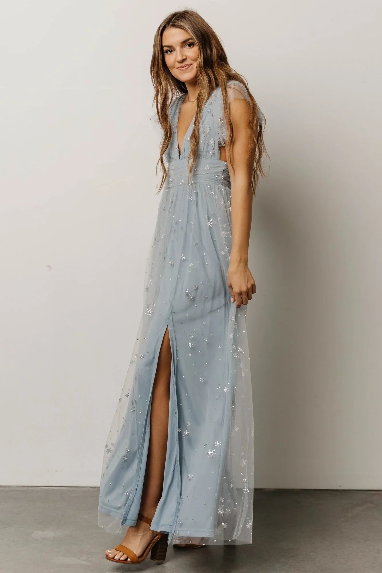 Nova Shimmer Maxi Dress | Dusty Blue + Silver