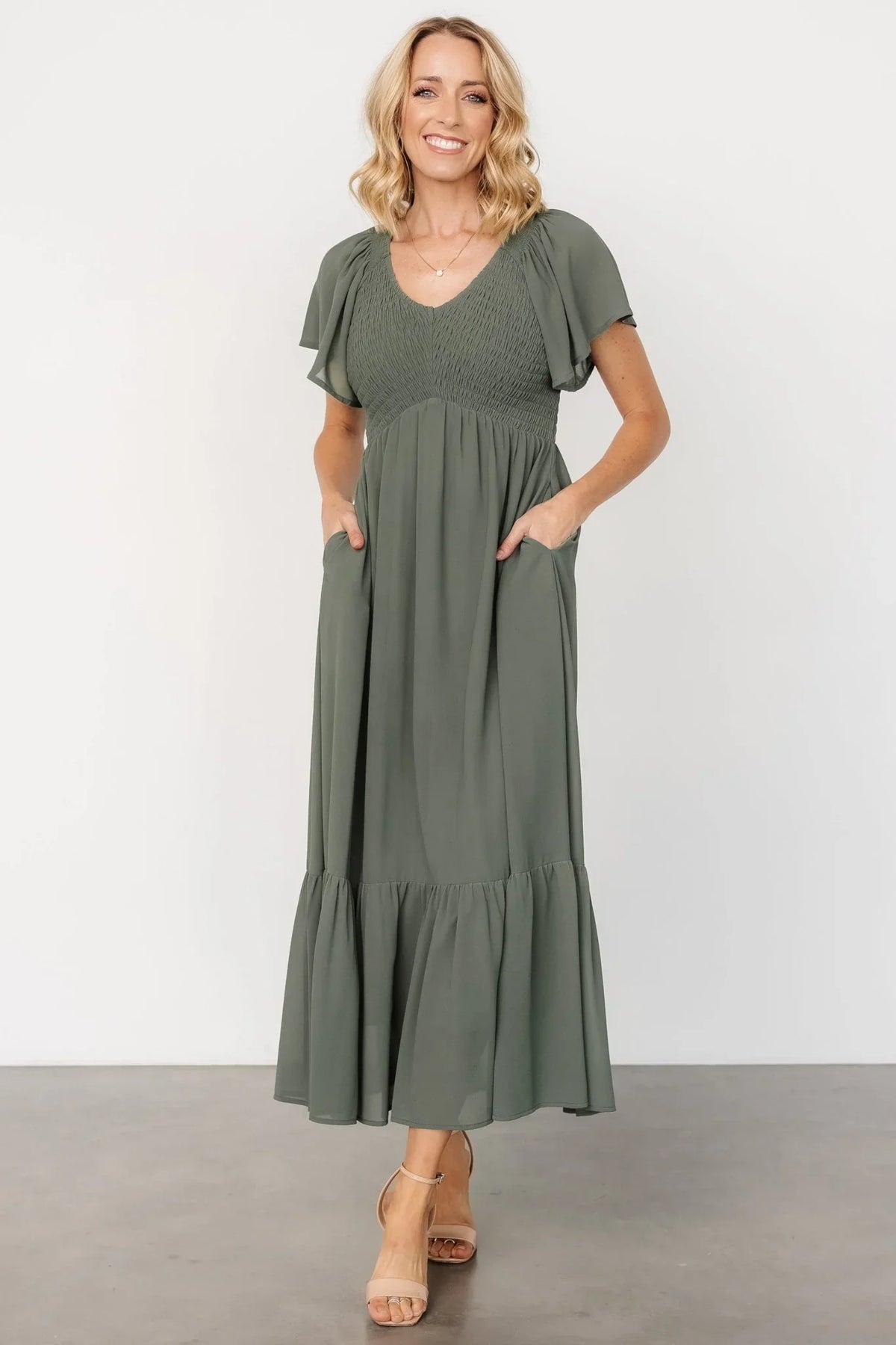 Monica Smocked Dress | Dark Sage