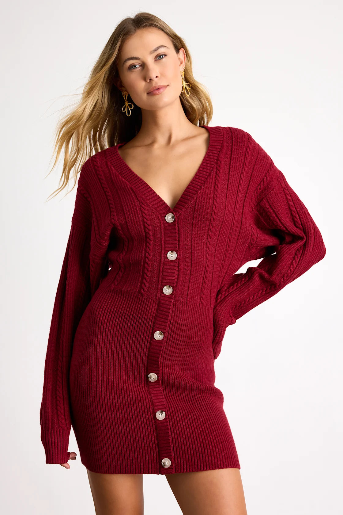 Bowyn Ivory Cable Knit Button-Front Sweater Mini Dress