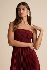 Damira Rust Satin Pleated Strapless Maxi Dress