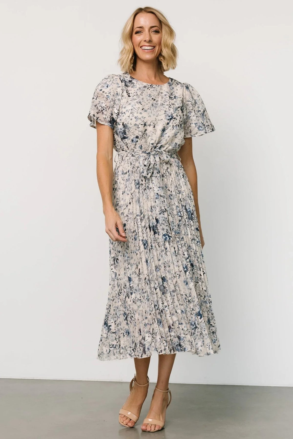 Alexandra Pleated Dress | Off White + Blue
