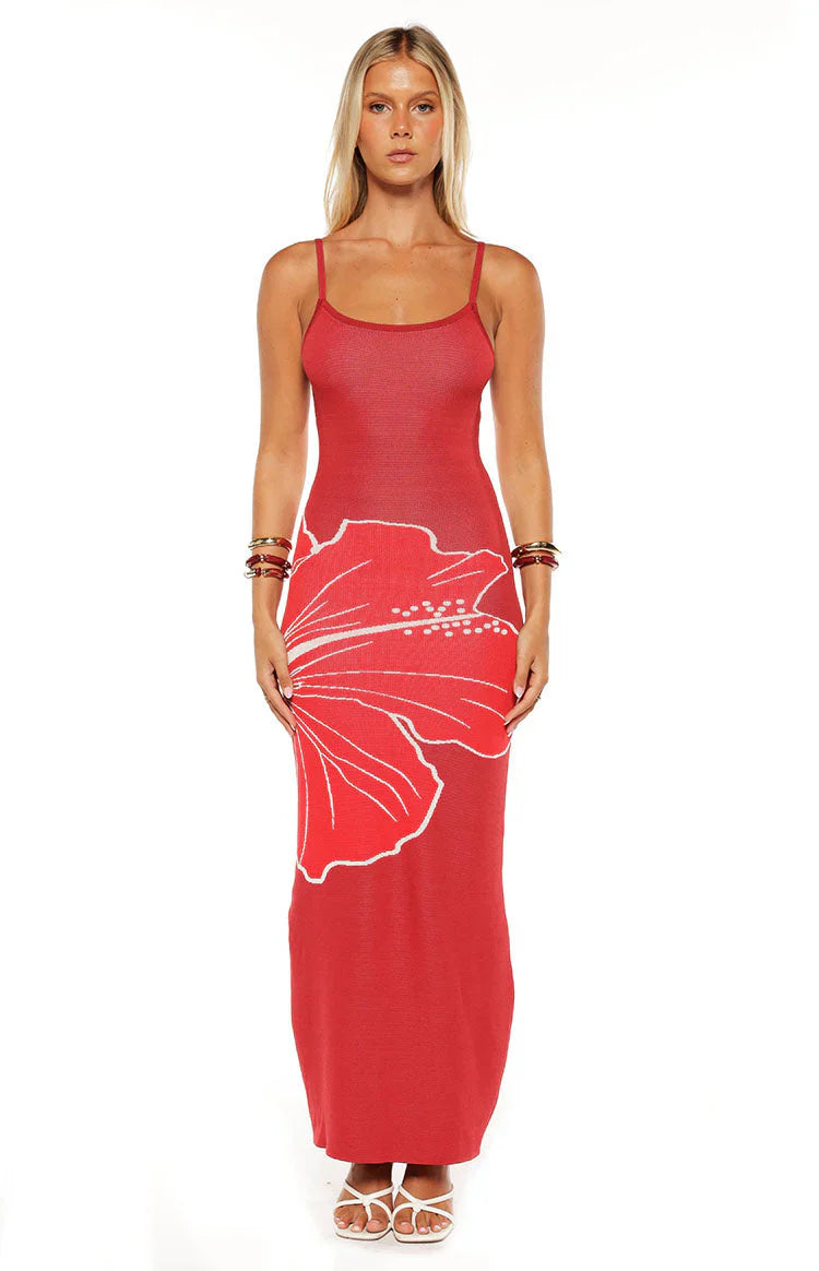 Carly Red Knit Hibiscus Print Maxi Dress
