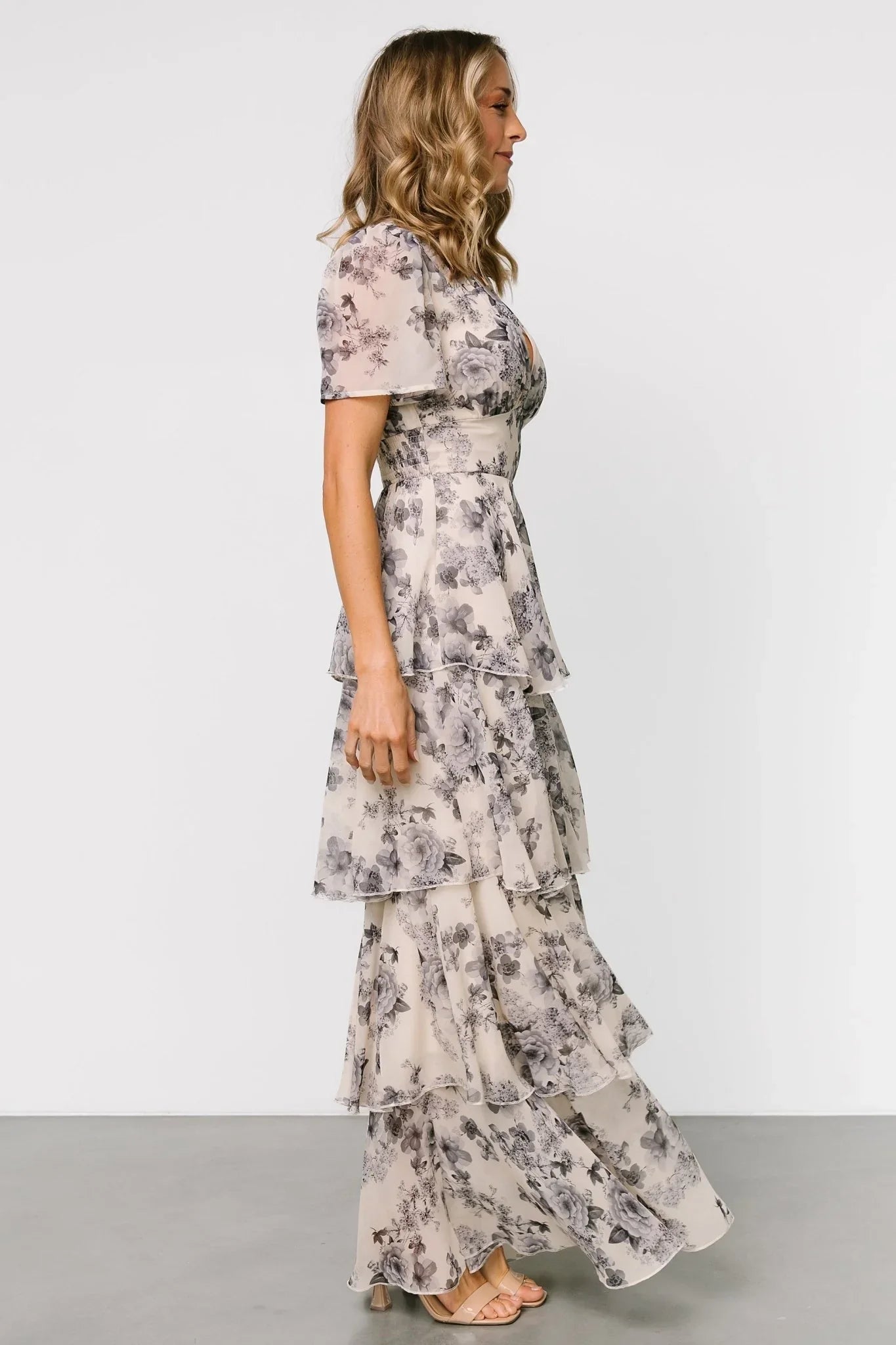 Montaigne Ruffle Maxi Dress | Beige + Slate Floral
