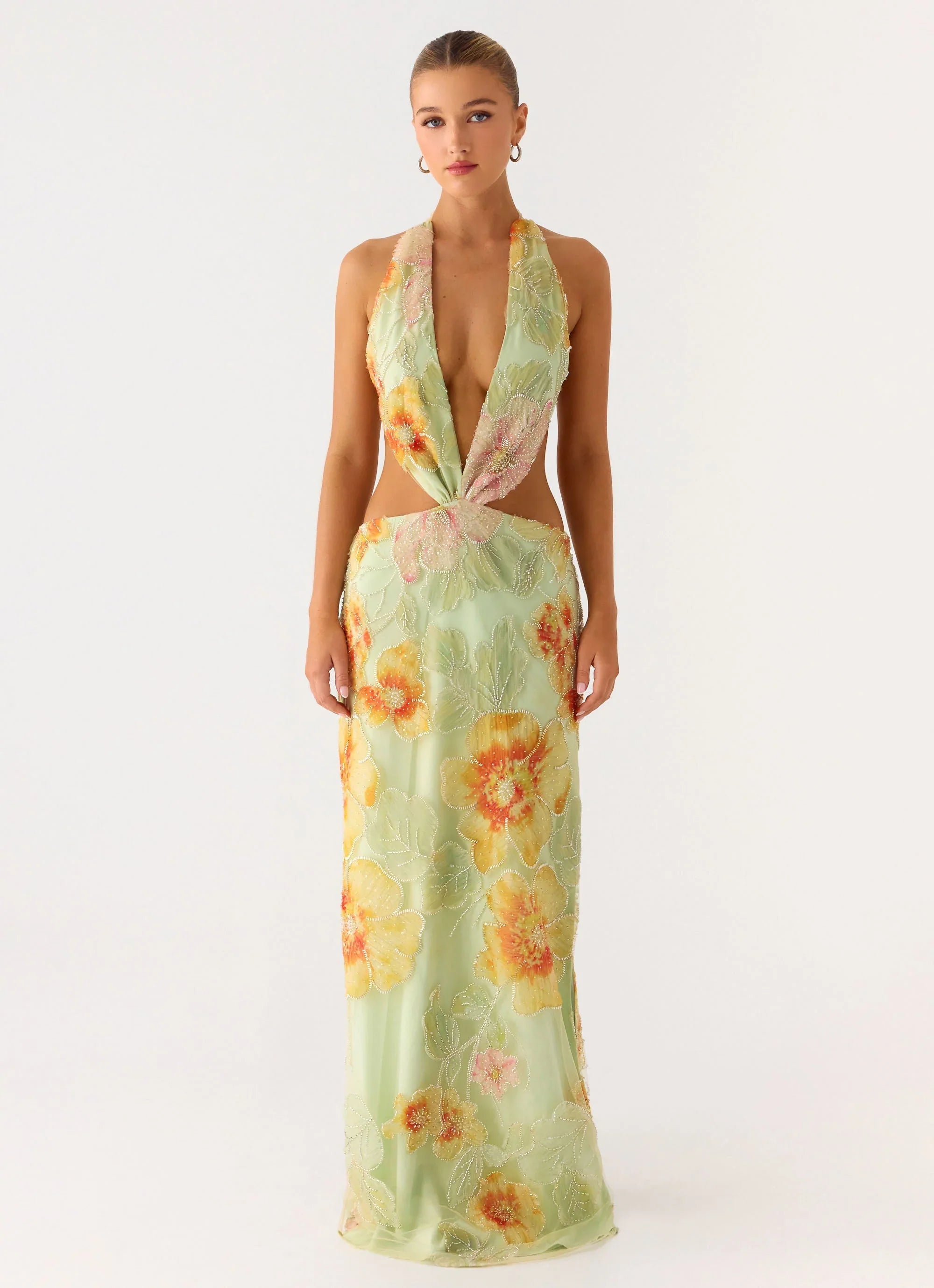Really Something Beaded Maxi Dress - Green Floral Beaded