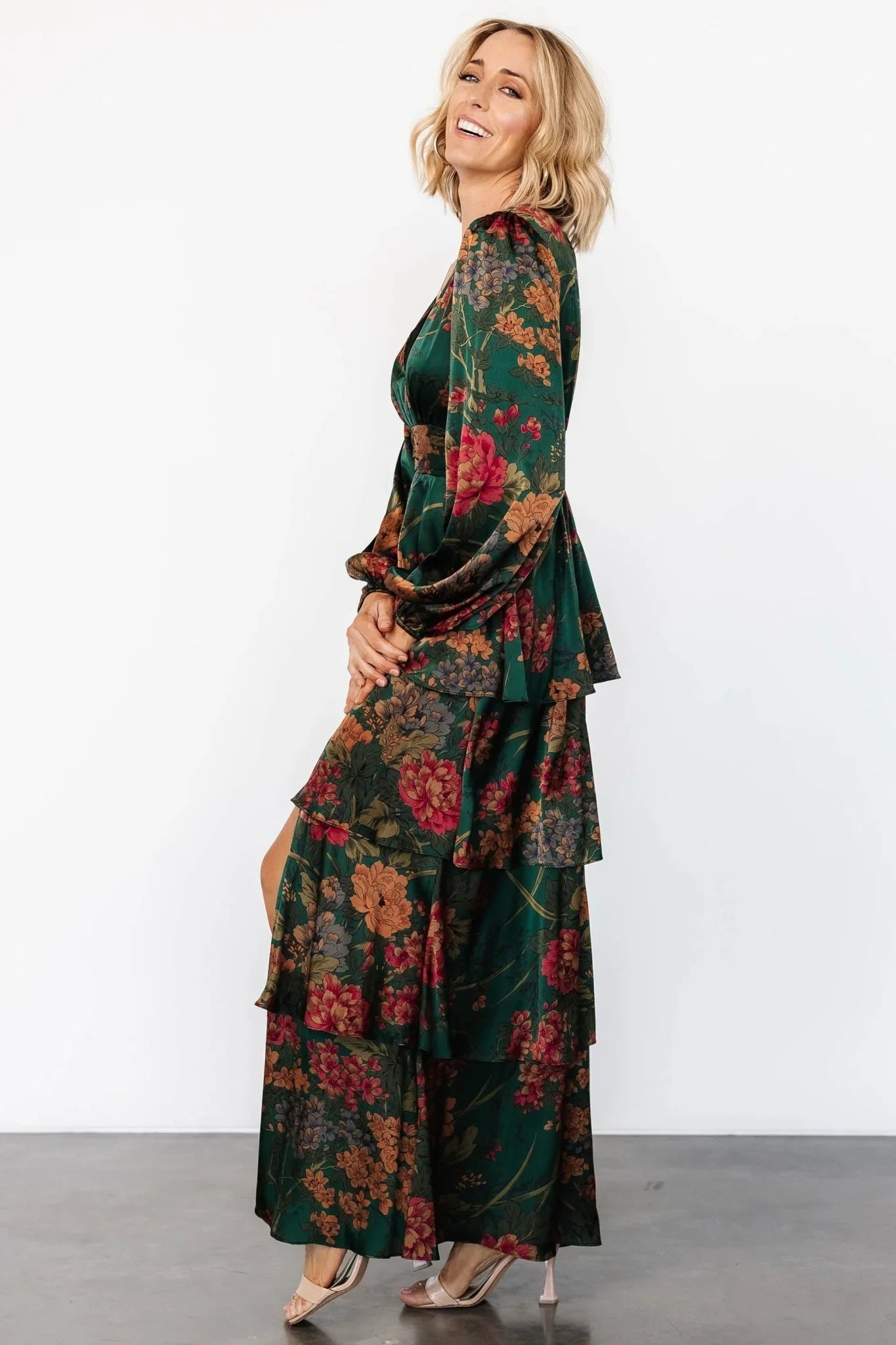 Montrouge Tiered Satin Dress | Emerald Floral
