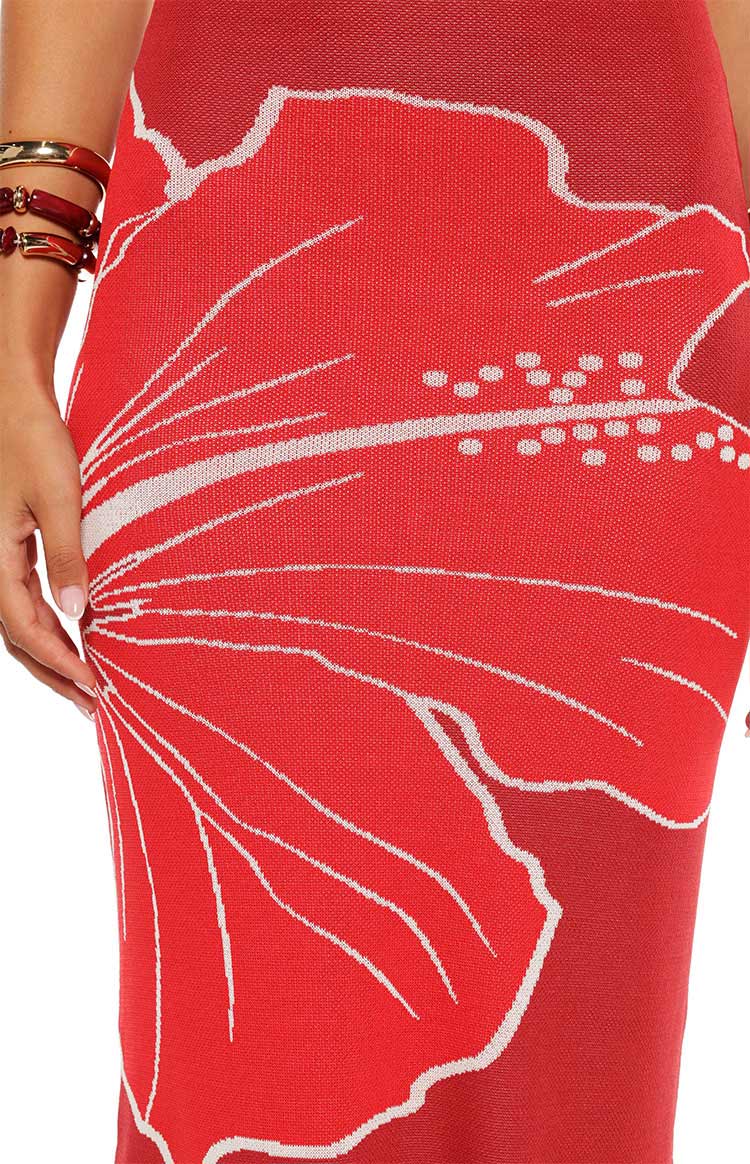 Carly Red Knit Hibiscus Print Maxi Dress