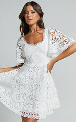 Marisole Mini Dress - A Line Flutter Sleeve Lace Dress in White