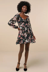 Truly Adorable Green Floral Burnout Balloon Sleeve Mini Dress