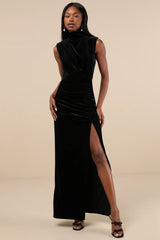 Alluring Image Rust Red Ruched Velvet Mock Neck Maxi Dress